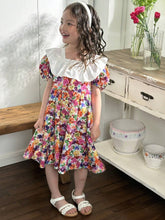 Young Girl's Woven Color Block Ditsy Floral Dress With Ruffle Hemline And Puff Sleeves